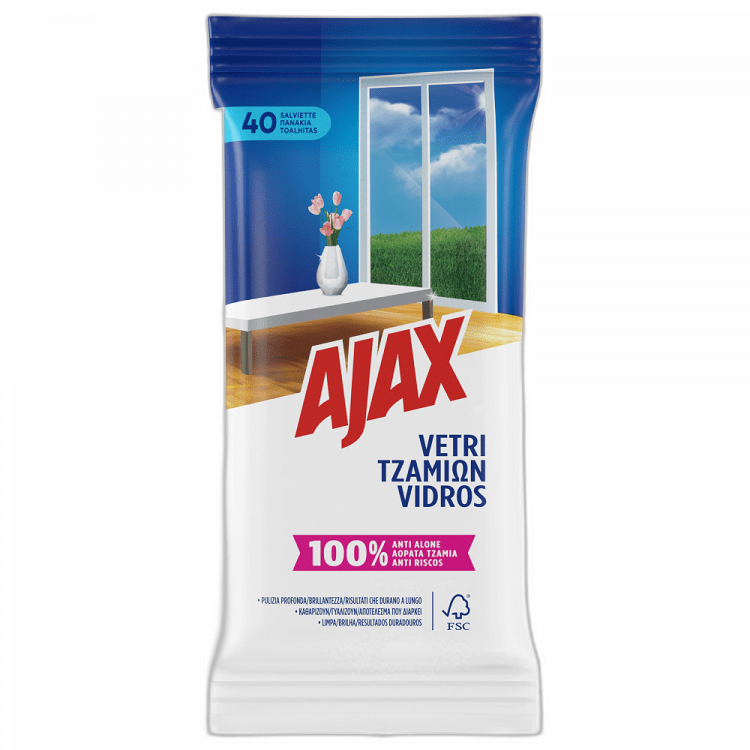 Ajax Υγρά Πανάκια Καθαρισμού Για τα Τζάμια 40τεμ