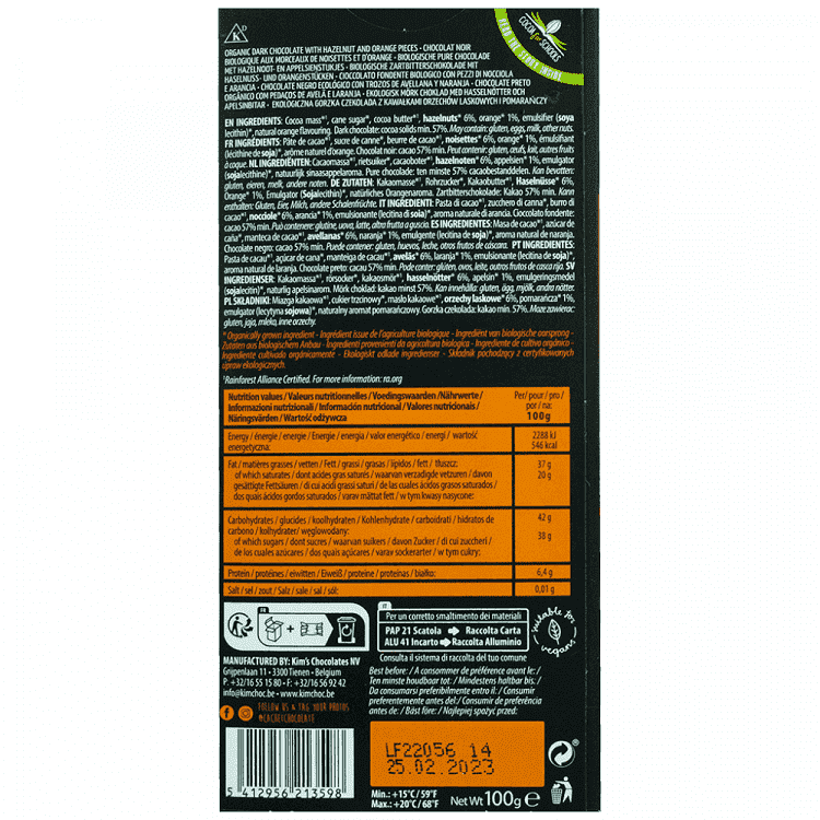 Cachet Σοκολάτα Μαύρη Με Πορτοκάλι & Φουντούκι 57% Κακάο Bio 100gr
