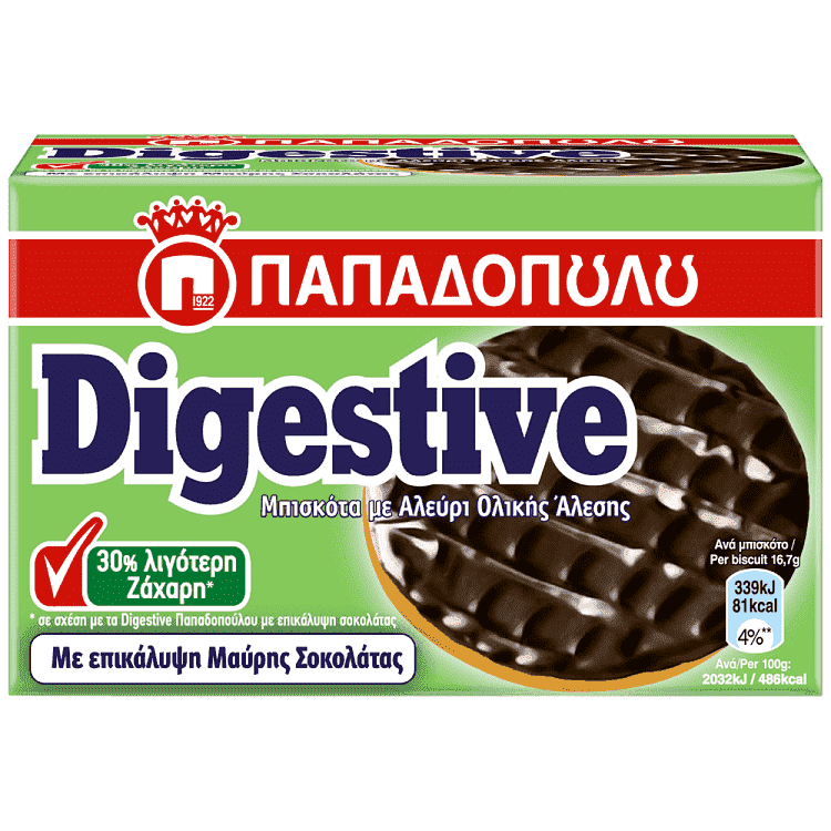 Παπαδοπούλου Digestive Με Επικάλυψη Σοκολάτας 30% Λιγότερη Ζάχαρη 200gr