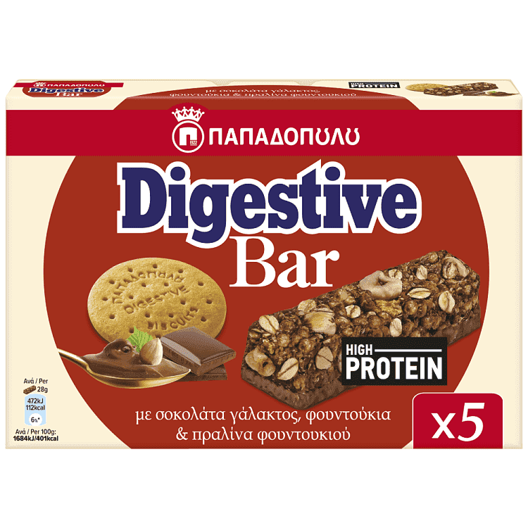 Παπαδοπούλου Digestive Bars Πρωτεΐνης Με Σοκολάτα Γάλακτος 5x28gr