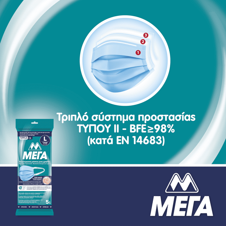 ΜΕΓΑ Μάσκες Προστασίας Προσώπου Τύπου II Large 5τεμ