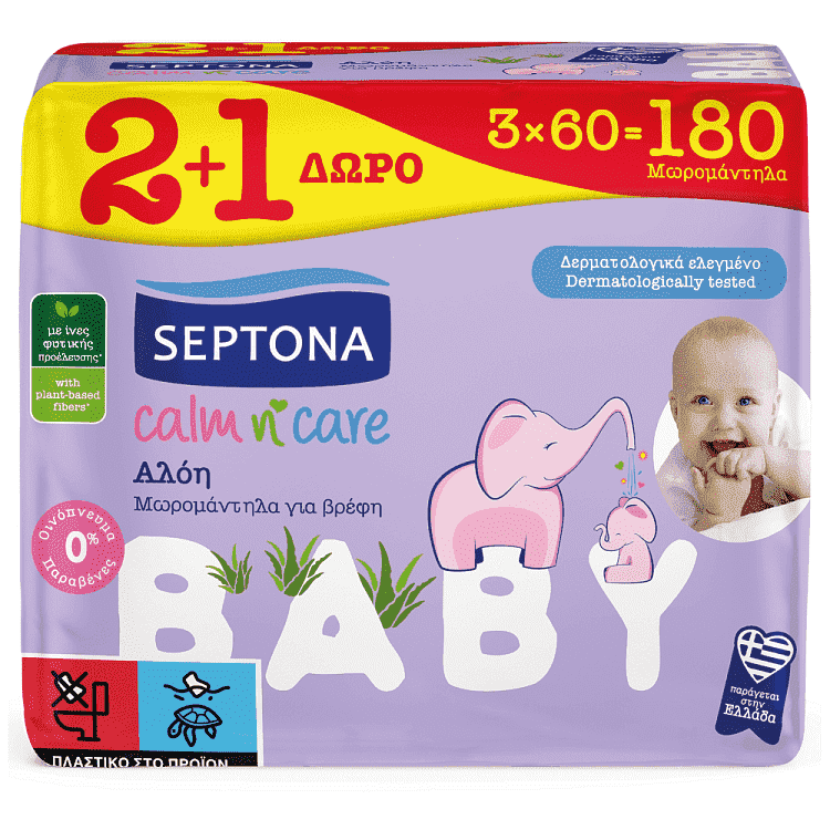 Septona Μωρομάντηλα Calm n' Care Αλόη 60τεμ 2+1 δώρο