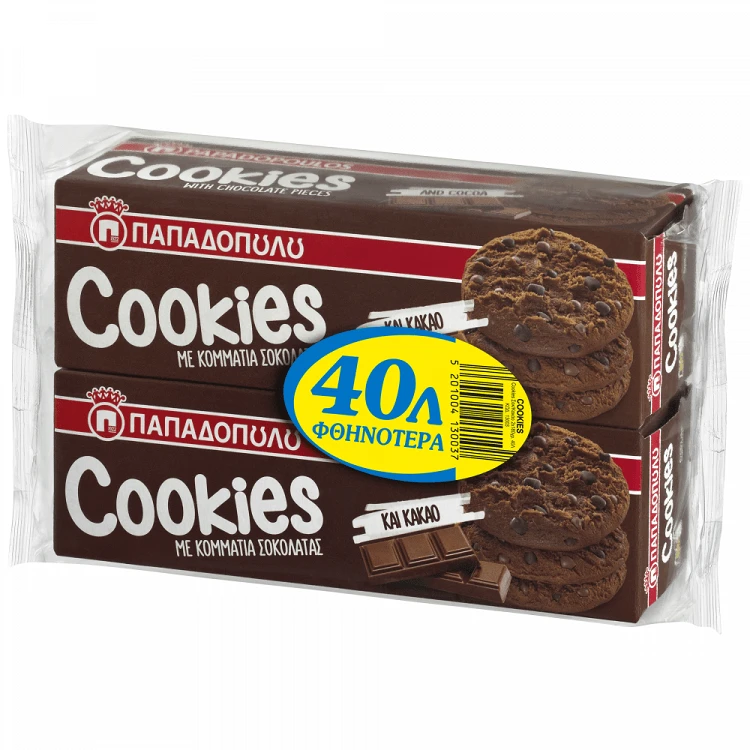 Παπαδοπούλου Cookies Μπισκότα Κακάο Σοκολάτα 180gr 2τεμ -0,40€