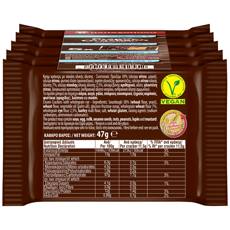 Παπαδοπούλου Cream Crackers Σίκαλης Ολικής Άλεσης Fresh Packs 5x47gr