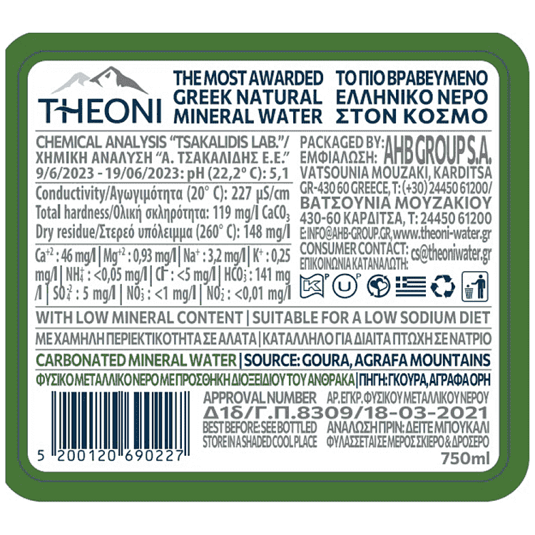 Θεόνη Ανθρακούχο Νερό Φιάλη 750ml