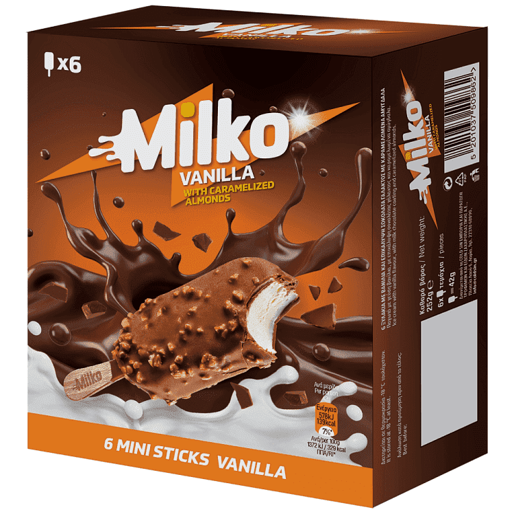 Milko Παγωτό Ξυλάκι Choco Multi 6τεμ 480ml 252gr