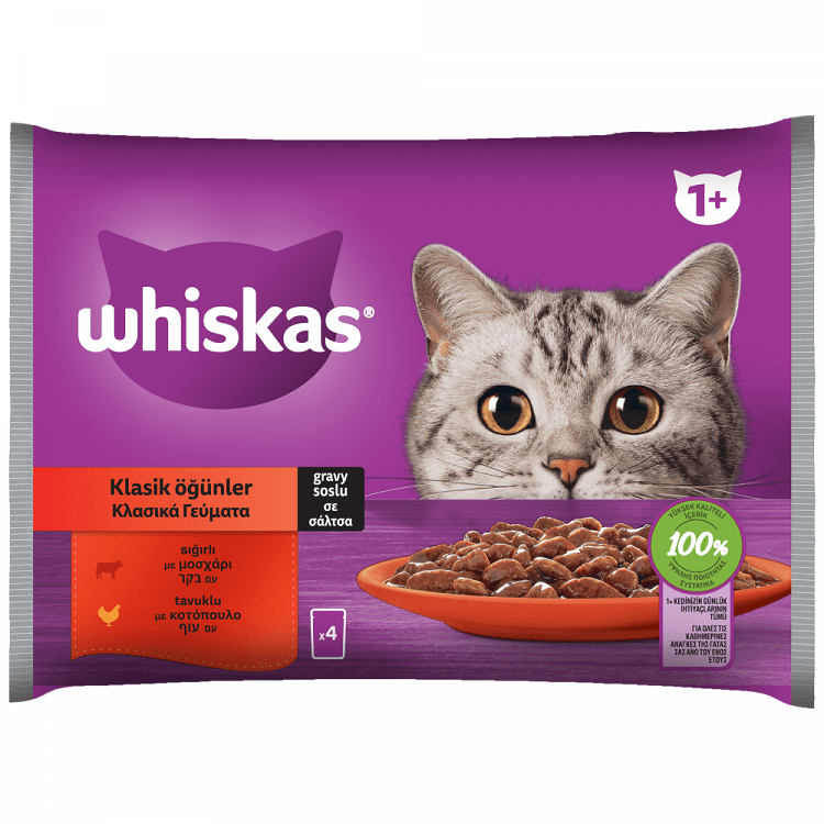 Whiskas Adult Πλήρης Υγρή Τροφή Γάτας Επεξεργασμένο Κρέας 4x13x85gr