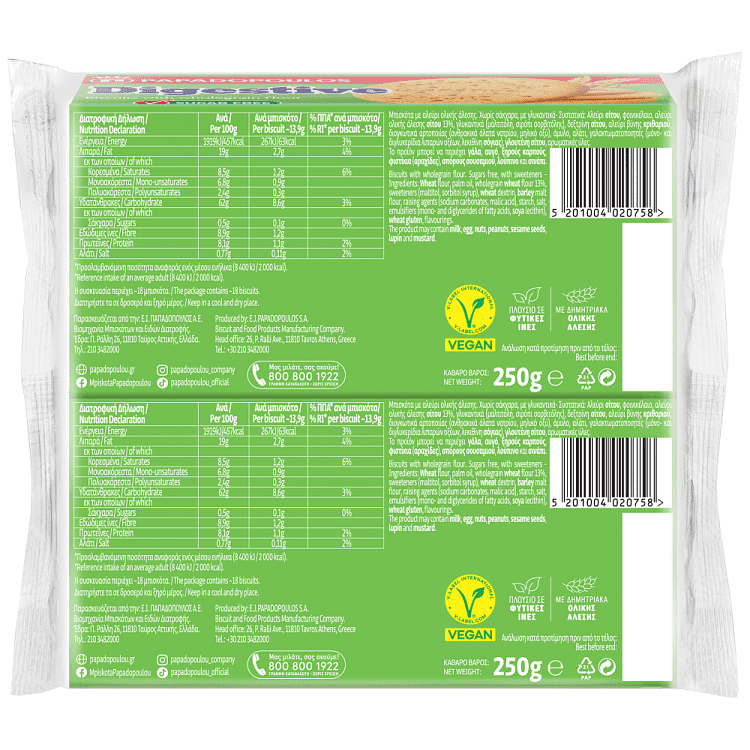 Παπαδοπούλου Digestive Μπισκότα Χωρίς Ζάχαρη 2x250gr