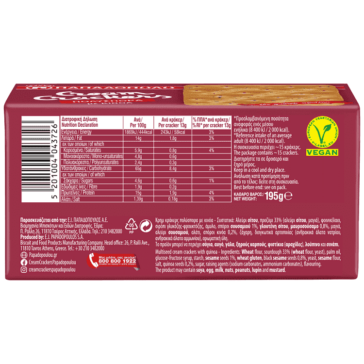 Παπαδοπούλου Cream Crackers Πολύσπορα 195gr