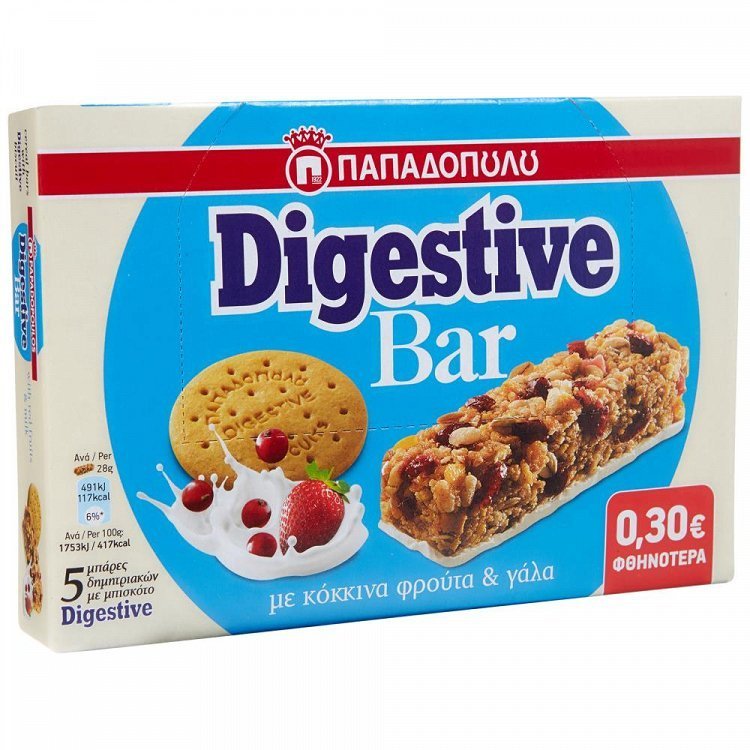 Παπαδοπούλου Digestive Bar Κόκκινα Φρούτα & Γάλα 5x28gr -0,30€