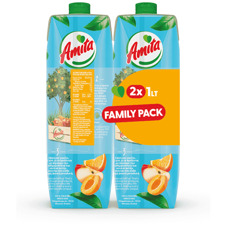 Amita Πορτοκάλι Βερύκοκο Μήλο Οικογενειακή Συσκευασία 1lt 2τεμ