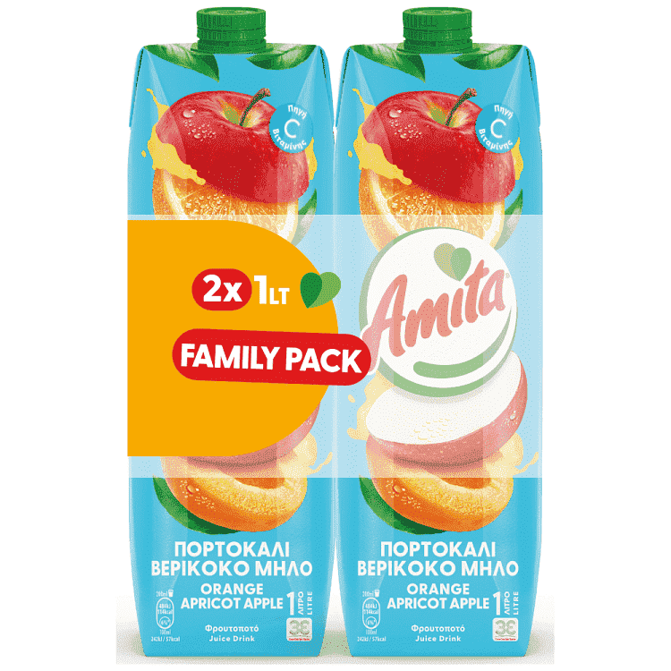 Amita Πορτοκάλι Βερύκοκο Μήλο Οικογενειακή Συσκευασία 1lt 2τεμ