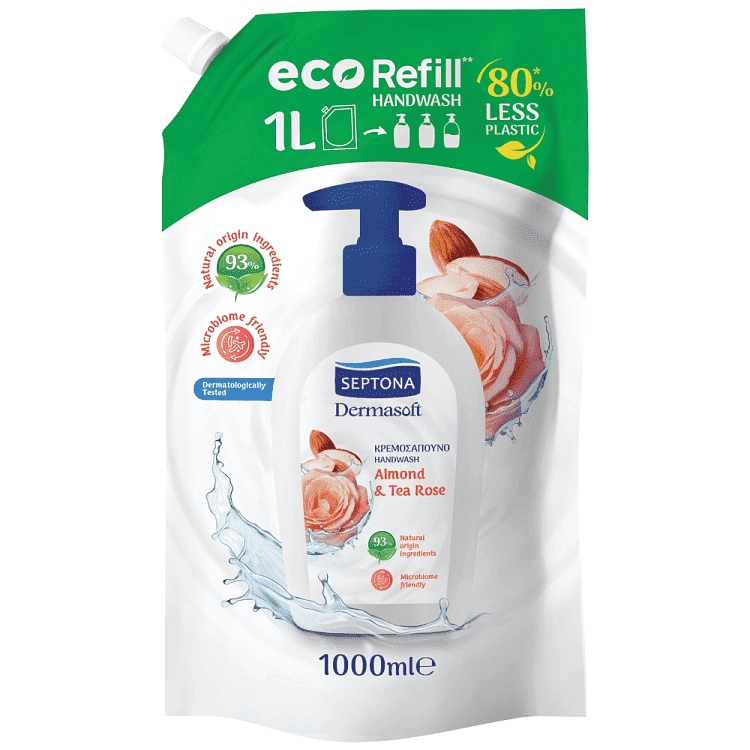 Septona Dermasoft Kρεμοσάπουνο Ανταλλακτικό Σακούλα Almond & Tea Rose 1lt
