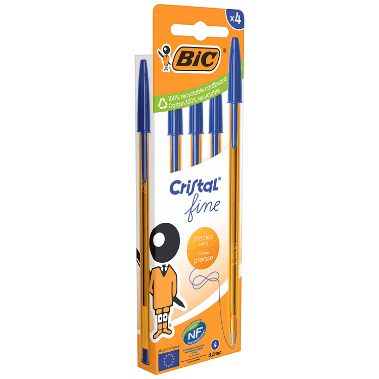 BIC Cristal Fine Στυλό Διαρκείας, Λεπτή Μύτη (0.8mm) - Μπλε, 4τεμ