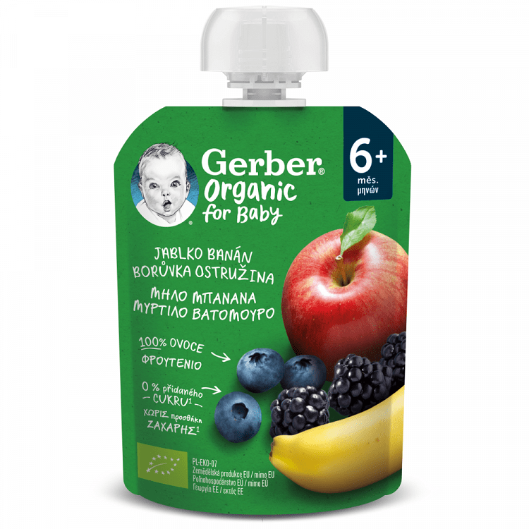 Gerber Organic Φρουτοπουρές Μήλο Μπανάνα Μύρτιλο Βατόμουρο Bio 90gr