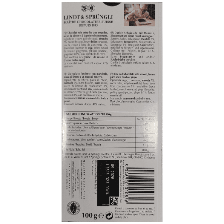 Lindt Excellence Lemon & Ginger 100gr