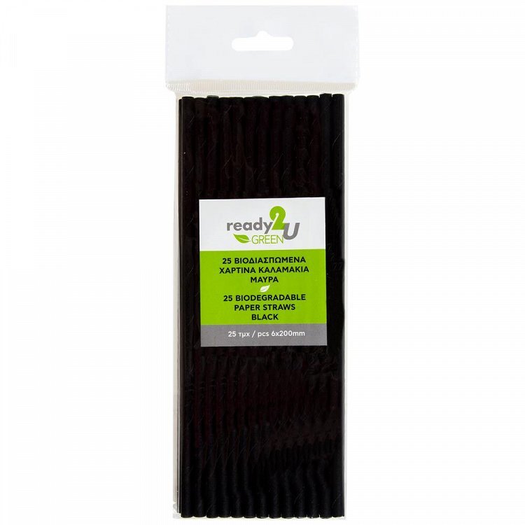Ready2U Βιοδιασπόμενα Χάρτινα Καλαμάκια Μαύρα 25 Τεμάχια
