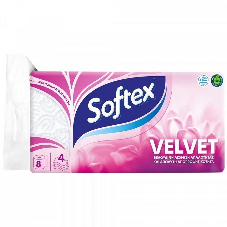 Softex Velvet Χαρτί Υγείας 4φύλλων 8άρι 0,824kg
