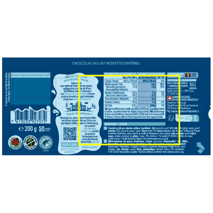 Cailler Milk Hazelnut Tab 200gr