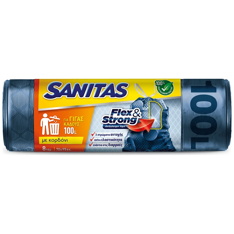 Sanitas Flex & Strong Σακούλες Απορριμμάτων Γίγας Με Κορδόνι 70x95cm 8τεμ