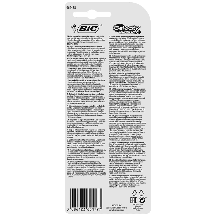 Bic Στυλό Gelo Quick Dry 1τεμ + 2 Ανταλλακτικά