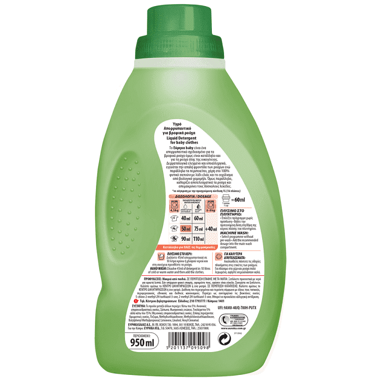 Εύρηκα Baby Υγρό Απορρυπαντικό Πλυντήριο Ρούχων 19Μεζ 950ml