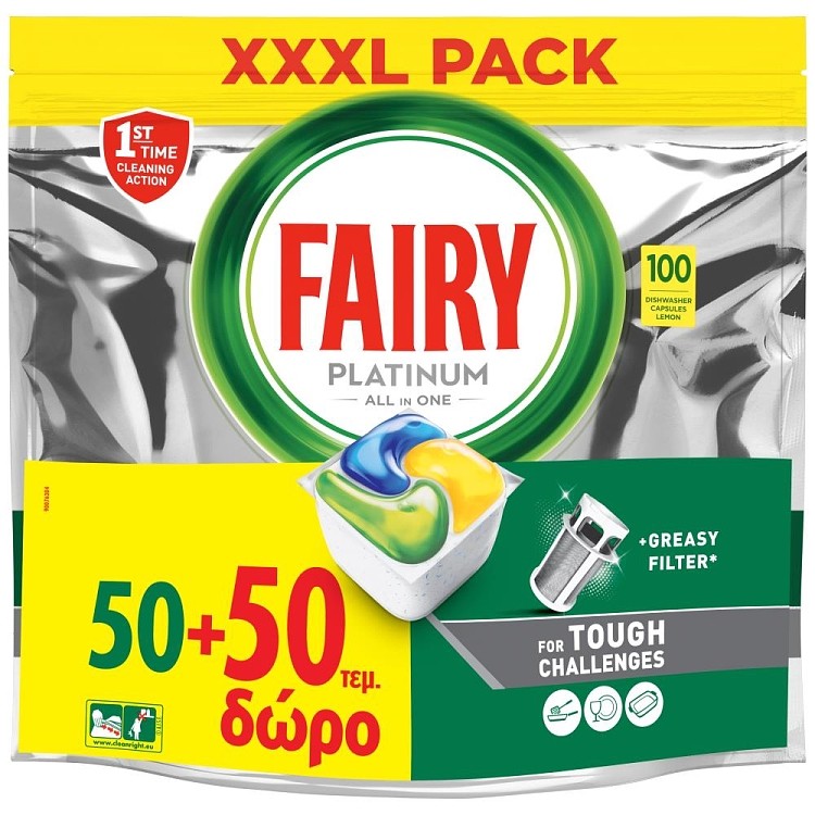 Fairy Platinum Κάψουλες Πλυντηρίου Πιάτων Λεμόνι (50 +50 Τεμάχια Δώρο)