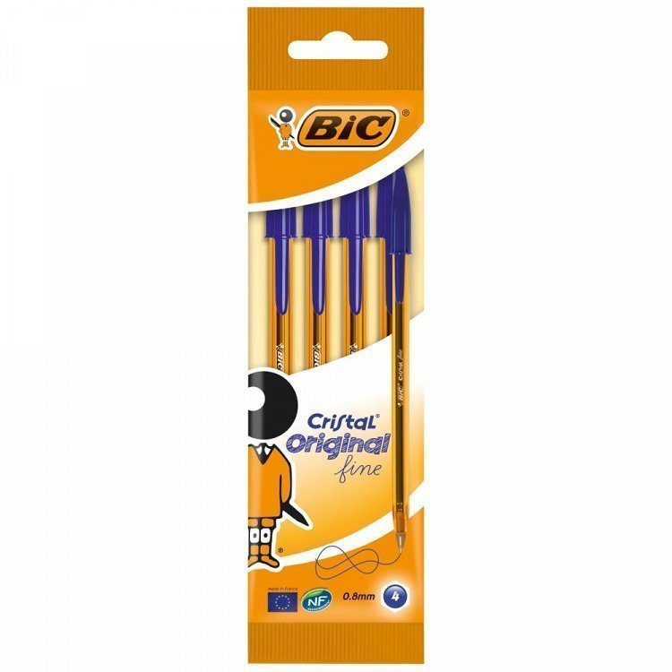 BIC Cristal Fine Στυλό Διαρκείας, Λεπτή Μύτη (0.8mm) - Μπλε, 4τεμ