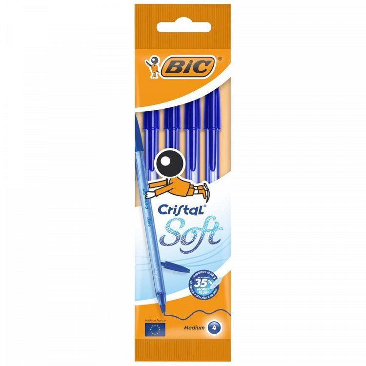 BIC Cristal Soft Στυλό Διαρκείας Μεσαία Μύτη (1.2 mm) Μπλε 4τεμ