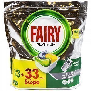 Fairy Platinum Κάψουλες Πλυντηρίου Πιάτων Λεμόνι 33τεμ + 33τεμ. Δώρο