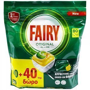 Fairy Original Κάψουλες Πλυντηρίου Πιάτων Λεμόνι 40 Τεμάχια (+40 Τεμ. Δώρο)
