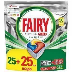 Fairy Caps Platinum Plus Πλυντηρίου Πιάτων Λεμόνι 25τεμ (+25τεμ Δώρο)