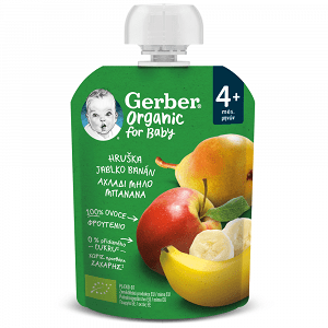 Gerber Organic Φρουτοπουρές Αχλάδι Μπανάνα Μήλο Bio 90gr