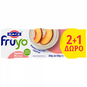 ΦΑΓΕ Fruyo Ροδάκινο Επιδόρπιο Στραγγιστού Γιαουρτιού 0% Λιπαρά 150gr (2+1 Δώρο)